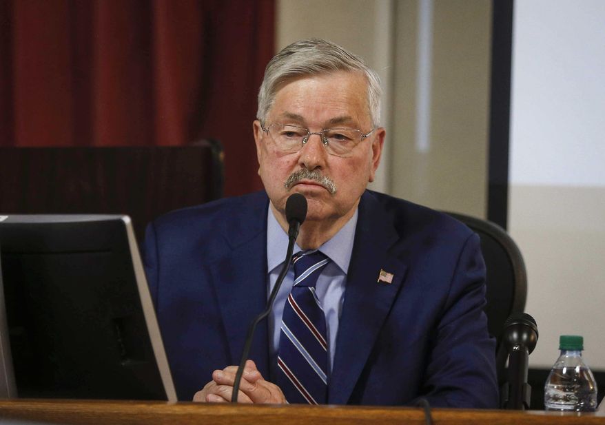 Former Iowa Gov. and current U.S. ambassador to China Terry Branstad testifies in the trial of a former state official who argues his pay was cut as part of an effort to force him out because he is gay, Friday, June 14, 2019, at the Polk County Courthouse in Des Moines, Iowa. (Bryon Houlgrave/The Des Moines Register via AP)