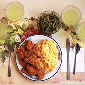 This undated photo provided by the National Institutes of Health in June 2019 shows an &quot;ultra-processed&quot; lunch including brand-name macaroni and cheese, chicken tenders, canned green beans and diet lemonade. Researchers found people ate an average of 500 extra calories a day when fed mostly processed foods, compared with when the same people were fed minimally processed foods. That’s even though researchers tried to match the meals for nutrients like fat, fiber and sugar. (Paule Joseph, Shavonne Pocock/NIH via AP) **FILE**