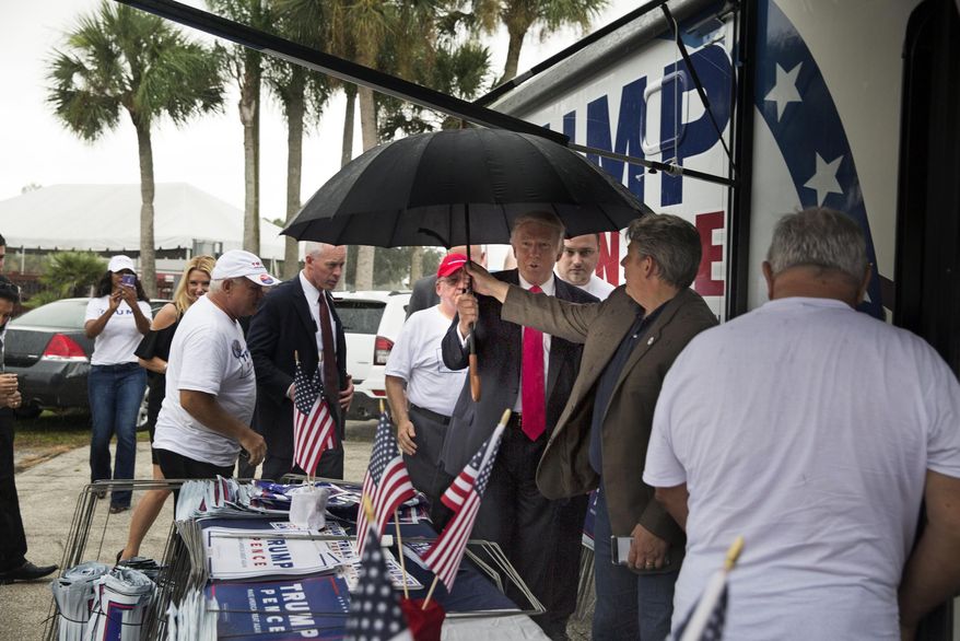 FILE - In an Aug. 24, 2016, file photo, then-Republican presidential nominee Donald Trump meets supporters organizing voter registration and support for his campaign just before a rally at the Florida State Fairgrounds in Tampa, Fla. A federal lawsuit alleging Trump kissed a former campaign staffer during the rally was dismissed, Friday, June 14, 2019. (Loren Elliott/Tampa Bay Times via AP, File)