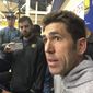 Golden State Warriors general manager Bob Myers talks with reporters at the NBA basketball team&#39;s practice facility Friday, June 14, 2019, in Oakland, Calif. Their three-peat quest denied by the champion Toronto Raptors, the Warriors now brace for major uncertainty ahead as Kevin Durant begins a long rehab from right Achilles tendon surgery and must decide where to sign, and Klay Thompson has a torn left ACL that will be another lengthy recovery. (AP Photo/Janie McCauley)
