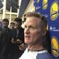 Golden State Warriors coach Steve Kerr talks with reporters at the NBA basketball team&#39;s practice facility Friday, June 14, 2019, in Oakland, Calif. Their three-peat quest denied by the champion Raptors, the Warriors now brace for major uncertainty ahead as Kevin Durant begins a long rehab from right Achilles tendon surgery and must decide where to sign and Klay Thompson has a torn left ACL that will be another lengthy recovery. (AP Photo/Janie McCauley)