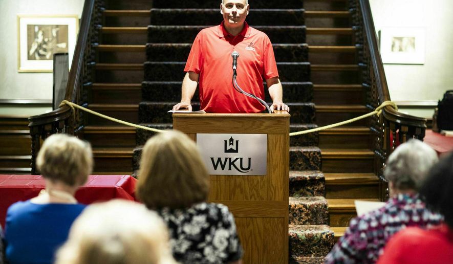 In this Tuesday, June 4, 2019 photo, Dr. Scott Lasley speaks during the Journey to the Vote initiative at WKU kick-off event on, at the Kentucky Museum in Bowling Green, Ky. The Journey to the Vote is a yearlong campus celebration leading up to the centennial of the states&#x27; ratification of the 19th Amendment on Aug. 18, 1920, which formalized women&#x27;s suffrage.  (Austin Anthony/Daily News via AP)