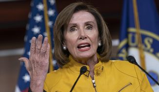 In this June 13, 2019, file photo, Speaker of the House Nancy Pelosi, D-Calif., speaks during a news conference on Capitol Hill in Washington. While Speaker Pelosi says Congress shouldn’t impeach for political reasons or not impeach for political reasons, political considerations overhang the decision making. (AP Photo/J. Scott Applewhite)
