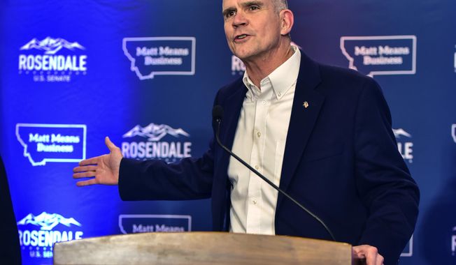 FILE – In this Nov. 6, 2018 file photo, Senate candidate Matt Rosendale greets supporters at the Delta Hotel in Helena, Montana. Rosendale announced Monday, June 17, 2019, that he will run for Montana&#x27;s only U.S. House seat now that Rep. Greg Gianforte is running for governor. (AP Photo/Eliza Wiley,File)