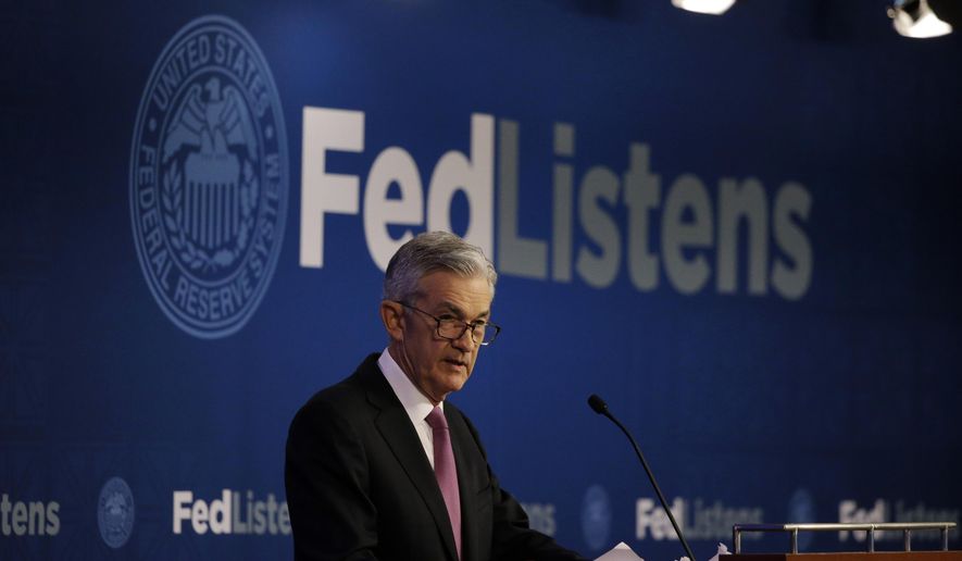 In this June 4, 2019, file photo Federal Reserve Chairman Jerome Powell speaks at a conference involving its review of its interest-rate policy strategy and communications in Chicago. On Wednesday, June 19, the Federal Reserve releases its latest monetary policy statement and updated economic projections. (AP Photo/Kiichiro Sato, File)