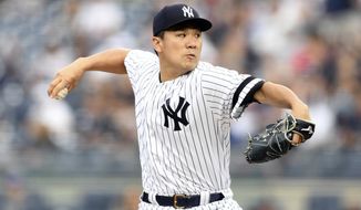 New York Yankees starting pitcher Masahiro Tanaka delivers during the first inning of a baseball game against the Tampa Bay Rays, Monday, June 17, 2019, in New York. (AP Photo/Sarah Stier)