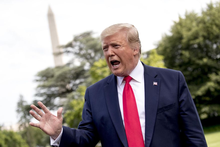 President Donald Trump speaks to reporters before boarding Marine One on the South Lawn of the White House in Washington, Tuesday, June 18, 2019, for a short trip to Andrews Air Force Base, Md., and then on to Orlando, Fla. for a rally. (AP Photo/Andrew Harnik)