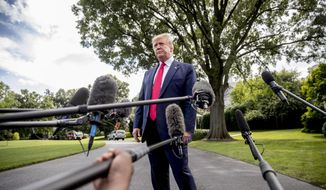 President Donald Trump takes a question from a reporter before boarding Marine One on the South Lawn of the White House in Washington, Tuesday, June 18, 2019, for a short trip to Andrews Air Force Base, Md., and then on to Orlando, Fla. for a rally. (AP Photo/Andrew Harnik)