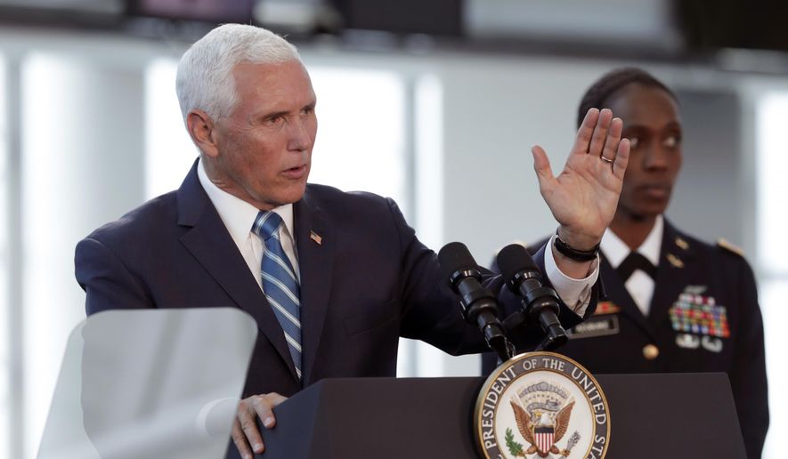 Vice President Mike Pence speaks following a tour on the USNS Comfort, Tuesday, June 18, 2019, in Miami. The hospital ship is scheduled to embark on a five-month medical assistance mission to Latin America and the Caribbean, including several countries struggling to absorb migrants from crisis-wracked Venezuela. (AP Photo/Lynne Sladky)