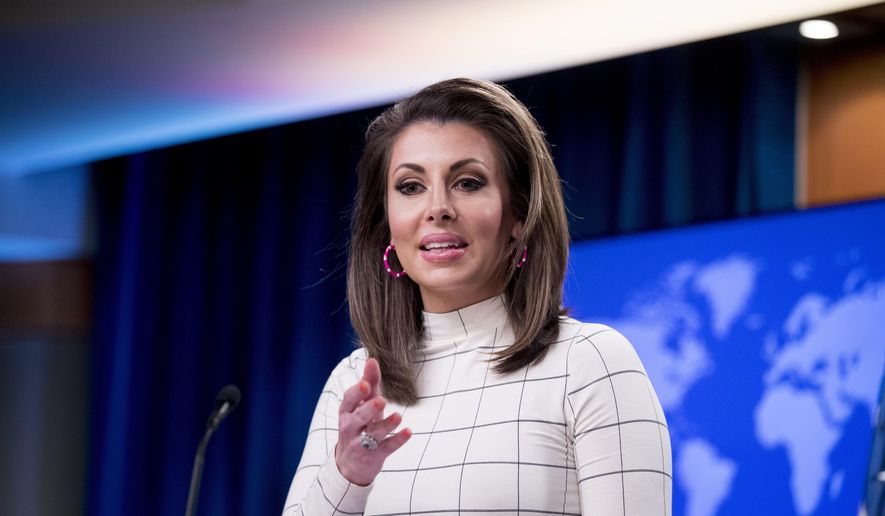 Then-State Department spokesperson Morgan Ortagus speaks at a news conference at the State Department in Washington, Monday, June 17, 2019. (AP Photo/Andrew Harnik) ** FILE **