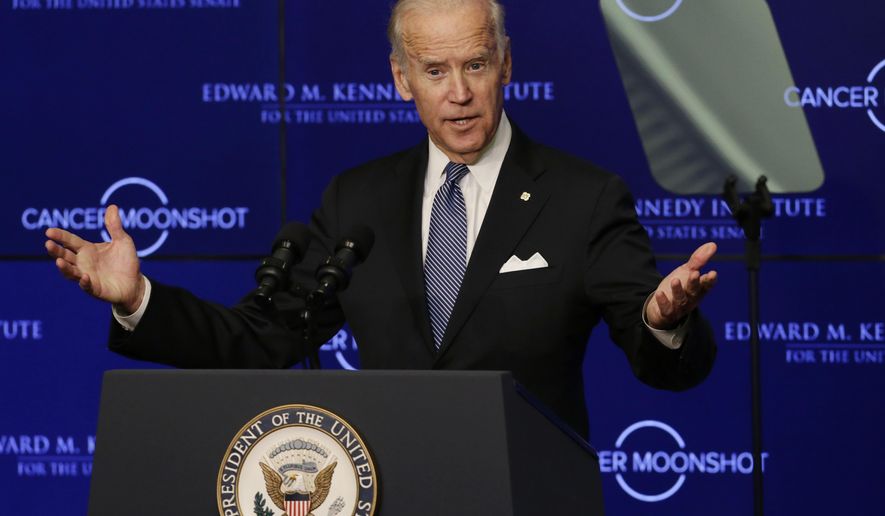 In this Oct. 18, 2016, file photo, Vice President Joe Biden speaks at the Edward M. Kennedy Institute for the United States Senate in Boston, about the White House's cancer "moonshot" initiative — a push to throw everything at finding a cure within five years. Biden’s defining venture since leaving the Obama White House is the Biden Cancer Initiative, a nonprofit aimed at speeding a cancer cure in memory of his son. (AP Photo/Elise Amendola) ** FILE **