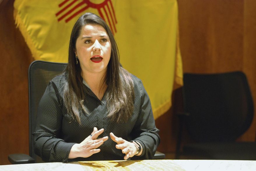 Alisha Tafoya Lucero speaks after being named as Cabinet secretary to oversee New Mexico's combination public-private prison system, at a news conference in Santa Fe, N.M., on Wednesday, June 19, 2019. Tafoya Lucero highlighted new efforts to improve accountability at privately run prisons and expand inmate programs that can reduce recidivism. The state is limiting but not eliminating solitary confinement. (AP Photo/Morgan Lee)