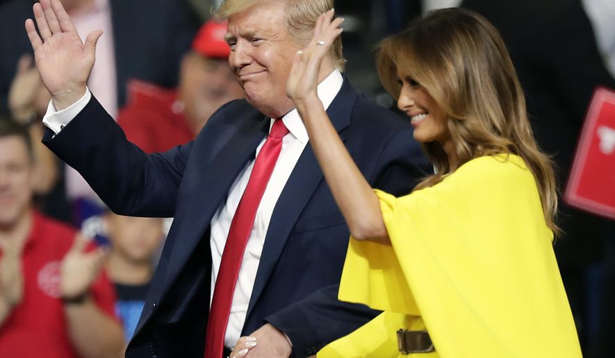 President Donald Trump and first lady Melania Trump greet supporters after formally announcing his 2020 re-election bid Tuesday, June 18, 2019, in Orlando, Fla. (AP Photo/John Raoux)