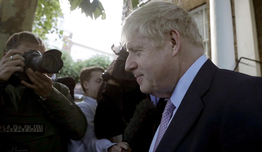 British Conservative party leadership and prime minister contender Boris Johnson leaves his home in south London, Thursday June 20, 2019. The race to become Britain's next prime minister is down to the final four on Wednesday, as Boris Johnson stretched his lead among Conservative lawmakers and upstart Rory Stewart was eliminated from the contest. (AP Photo/Matt Dunham)