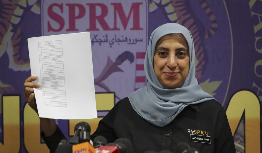Latheefa Koya, the new chief of the Malaysian Anti-Corruption Commission, shows a list of names during a press conference in Putrajaya, Malaysia, Friday, June 21, 2019. Malaysia&#39;s anti-graft agency says it has begun legal action to seek forfeiture and recovery of 270 million ringgit ($65.1 million) of money embezzled from the 1MDB investment fund. Officials estimate that another $5 billion worth in assets abroad linked to the fund could be recovered. (AP Photo/Vincent Thian)