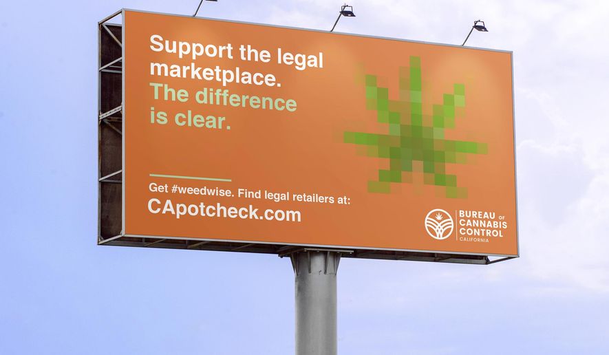 This undated artist rendering provided by the Bureau of Cannabis Control shows a proposed billboard urging consumers to purchase cannabis from only licensed retailers. Aiming to slow illegal pot sales that are undercutting the licensed market, California is kicking off a public information campaign, Get #weedwise, encouraging consumers to verify that the product they are about to buy is tested and legal. (Bureau of Cannabis Control, via AP)