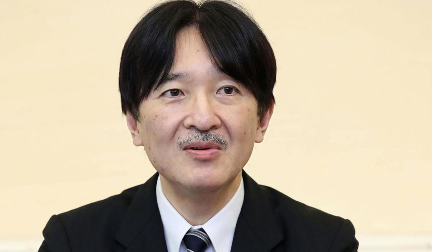 Japan's Crown Prince Akishino speaks during a press conference ahead of his trip to Finland and Poland at Akasaka east residence in Tokyo Friday, June 21, 2019. Akishino, Emperor Naruhito's younger brother, said the royal family can perform only as much because its membership is declining. (Kyodo News via AP)