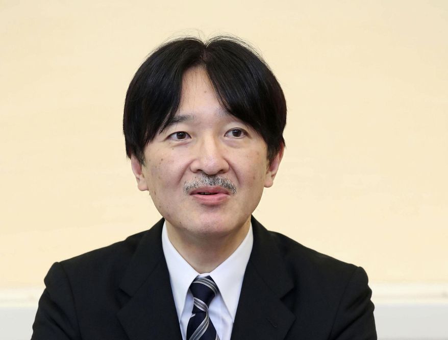 Japan's Crown Prince Akishino speaks during a press conference ahead of his trip to Finland and Poland at Akasaka east residence in Tokyo Friday, June 21, 2019. Akishino, Emperor Naruhito's younger brother, said the royal family can perform only as much because its membership is declining. (Kyodo News via AP)