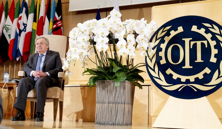 United Nations Secretary-General Antonio Guterres attends the closing session of the the 108th International Labour Conference at the European headquarters of the United Nations in Geneva, Switzerland, Friday, June 21, 2019. (Magali Girardin/Keystone via AP)