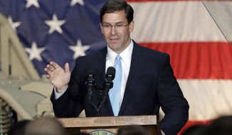 In this April 15, 2019, file photo, Secretary of the Army Mark Esper speaks to soldiers and family members in Ft. Bragg, N.C. It’s a difficult time for the Pentagon to be without a permanent U.S. defense secretary. Amid all that, and more, acting Defense Secretary Patrick Shanahan stepped down this week and Esper, the man tapped to replace him on an interim basis appears to face legal hurdles that could initially prevent him from serving more than about six more weeks. (AP Photo/Chuck Burton, File) **FILE**