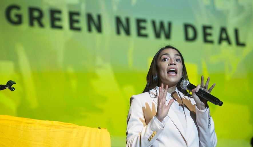 Rep. Alexandria Ocasio-Cortez, D-N.Y., addresses the Road to the Green New Deal Tour final event at Howard University in Washington, Monday, May 13, 2019. (AP Photo/Cliff Owen) ** FILE **