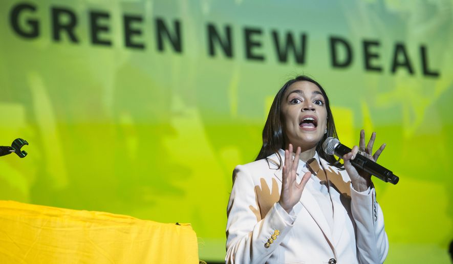 Rep. Alexandria Ocasio-Cortez, D-N.Y., addresses the Road to the Green New Deal Tour final event at Howard University in Washington, Monday, May 13, 2019. (AP Photo/Cliff Owen)