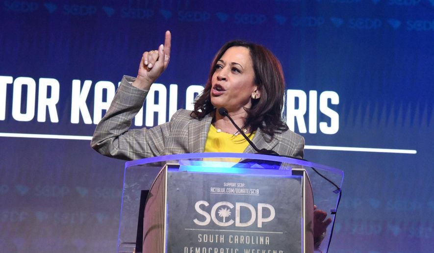 California Sen. Kamala Harris addresses the South Carolina Democratic Party&#39;s convention on Saturday, June 22, 2019, in Columbia, S.C. (AP Photo/Meg Kinnard)