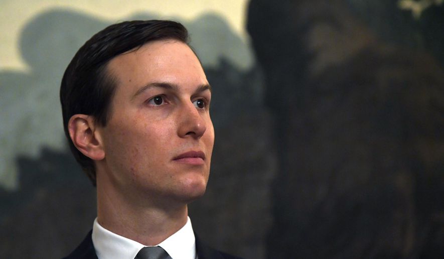 In this March 25, 2019, file photo White House adviser Jared Kushner listens during a proclamation signing with President Donald Trump and Israeli Prime Minister Benjamin Netanyahu in the Diplomatic Reception Room at the White House in Washington. (AP Photo/Susan Walsh, File)