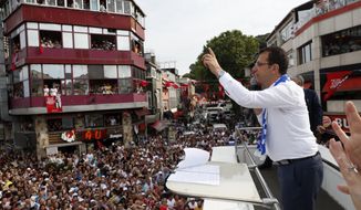 FILE  - In this Friday, June 21, 2019 file photo, Ekrem Imamoglu, candidate of the secular opposition Republican People&#39;s Party, or CHP, waves to supporters during a rally in Istanbul, ahead of the June 23 re-run of Istanbul elections.Voters in Istanbul return to the polls on Sunday for a rerun of the election for the mayor of the city. (AP Photo/Lefteris Pitarakis, File)
