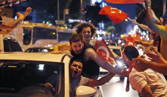 Supporters of Ekrem Imamoglu, the candidate of the secular opposition Republican People&#39;s Party, CHP, celebrate in central Istanbul, Sunday, June 23, 2019. In a blow to Turkish President Recep Tayyip Erdogan, Imamoglu declared victory in the Istanbul mayor&#39;s race for a second time Sunday after Binali Yildirim, the government-backed candidate conceded defeat in a high-stakes repeat election. (AP Photo/Lefteris Piarakis)
