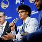 Golden State Warriors NBA basketball draft pick Jordan Poole, center, speaks with reporters on Monday, June 24, 2019, in Oakland, Calif. Fellow incoming Warriors Alen Smailagic, left, and Eric Paschall, right, flank Poole. (AP Photo/Noah Berger)