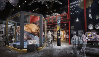 This digital rendering shows what the National Air and Space Museum&#39;s moon exploration exhibit, &quot;Destination Moon,&quot; will look like after opening in 2022. This new exhibit will update and replace the 1976 &quot;Apollo to the Moon&quot; display, which closed last year. (Smithsonian National Air and Space Museum)