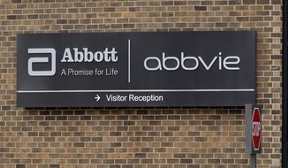 FILE - This Jan. 24, 2015, file photo, shows the exterior of AbbVie, in Lake Bluff, Ill. AbbVie is buying Botox maker Allergan in a cash-and-stock deal the drugmakers value at around $63 billion.  The maker of the blockbuster immune disorder treatment Humira said Tuesday, June 25, 2019, that it will pay $120.30 in cash and a portion of AbbVie stock for each Allergan share.  (AP Photo/Nam Y. Huh, File)