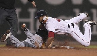 Boston Red Sox second baseman Marco Hernandez, right, collides with Chicago White Sox&#39;s Tim Anderson, who was caught trying to advance to second on his single during the fifth inning of a baseball game at Fenway Park in Boston, Tuesday, June 25, 2019. (AP Photo/Charles Krupa)