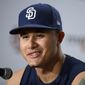 San Diego Padres&#39; Manny Machado talks to the media before a baseball game against the Baltimore Orioles, Tuesday, June 25, 2019, in Baltimore. (AP Photo/Nick Wass)