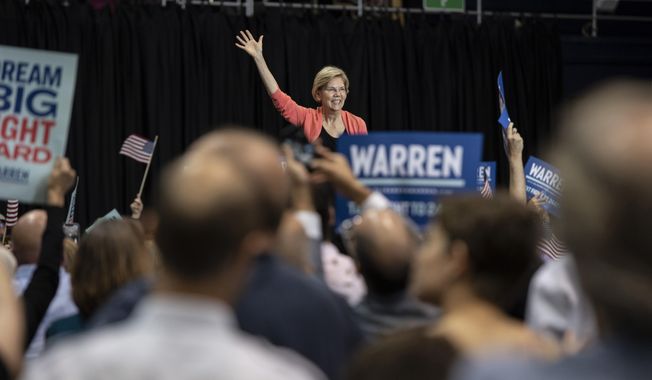 Democratic presidential candidate Sen. Elizabeth Warren, D-Mass., holds a town hall on the Florida International University campus on Tuesday, June 25, 2019, in Miami. (Jennifer King/Miami Herald via AP)