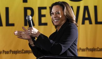 In this June 17, 2019, file photo, Democratic presidential candidate Sen. Kamala Harris, D-Calif., speaks at the Poor People&#39;s Moral Action Congress presidential forum in Washington. (AP Photo/Susan Walsh, File)