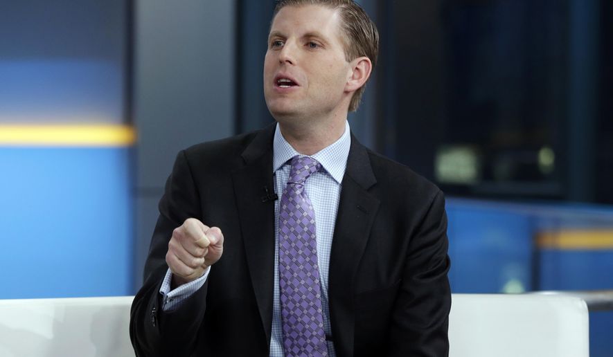 FILE - In this Jan. 17, 2018 file photo, Eric Trump appears on the &amp;quot;Fox &amp;amp; friends&amp;quot; television program, in New York. Trump says the U.S. Secret Service took an employee of a Chicago cocktail lounge into custody Tuesday, June 25, 2019, after she spit on him. Chicago police say they assisted the Secret Service at the scene.  (AP Photo/Richard Drew, File)