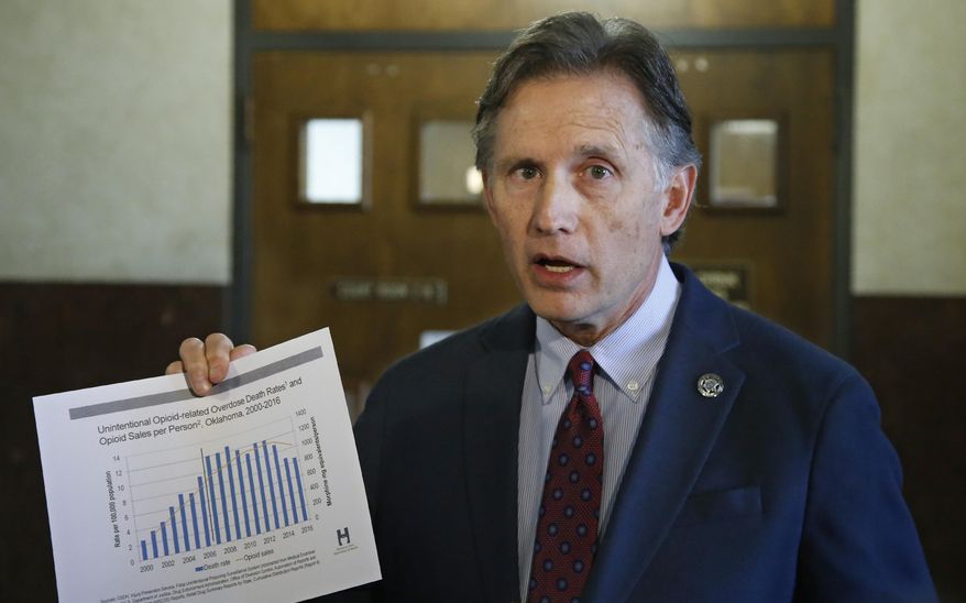 Oklahoma Attorney General Mike Hunter talks with the media during a break the Opioid trial in Norman, Okla., Wednesday, June 26, 2019. Oklahoma is wrapping up its presentation of evidence against Johnson & Johnson in the state's case alleging the consumer products giant and its subsidiaries helped fuel the deadly opioid crisis. (AP Photo/Sue Ogrocki)