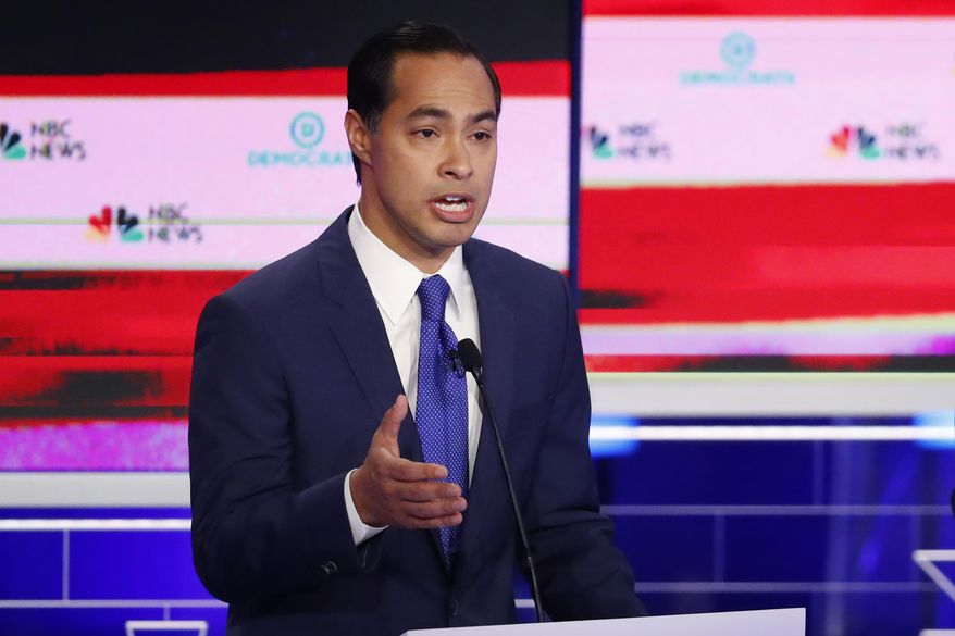 Democratic presidential candidate former Housing and Urban Development Secretary Julian Castro gestures during a Democratic primary debate hosted by NBC News at the Adrienne Arsht Center for the Performing Arts, Wednesday, June 26, 2019, in Miami. (AP Photo/Wilfredo Lee) ** FILE **
