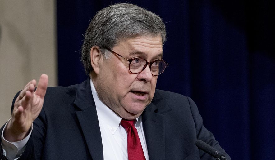 Attorney General William Barr speaks at the U.S. Attorneys&#39; National Conference at the Department of Justice in Washington, Wednesday, June 26, 2019. (AP Photo/Andrew Harnik) ** FILE **