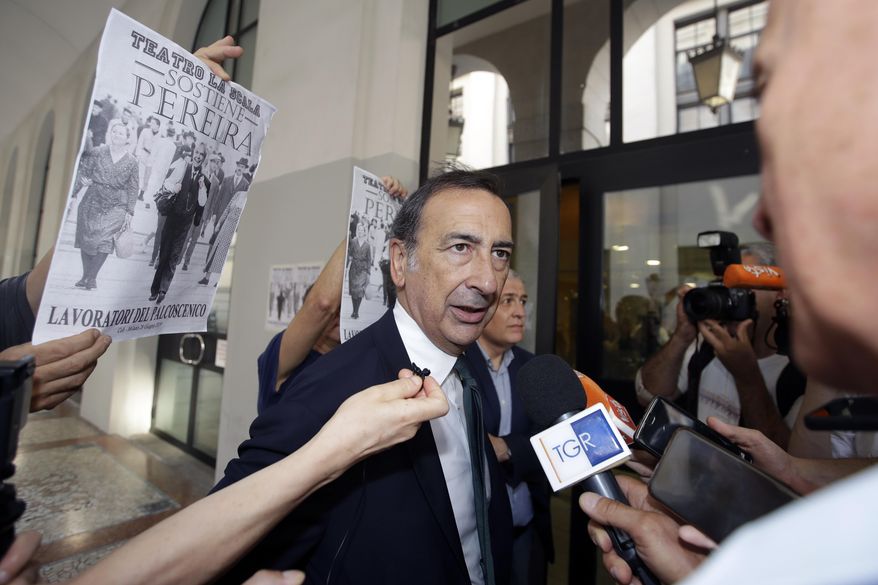 Milan mayor and chairman of La Scala board, Giuseppe Sala, arrives for a board of Italy's famed La Scala opera house in Milan, Italy, Friday, June 28, 2019. Milan's mayor announced last June 19 that the board of the famed La Scala opera house has agreed on a new general manager to succeed Austrian Alexander Pereira, whose money-making but sometimes troubled 5-year mandate expires in February. (AP Photo/Luca Bruno)