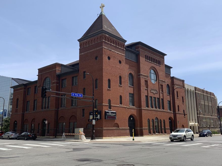 First Covenant Church is shown June 29, 2019, in downtown Minneapolis. Leaders of the Evangelical Covenant Church voted on June 28 to expel First Covenant and defrock its lead pastor, the Rev. Dan Collison, for permitting gay marriage. First Covenant was a founding member of the 134-year-old denomination. (AP Photo/Jeff Baenen)