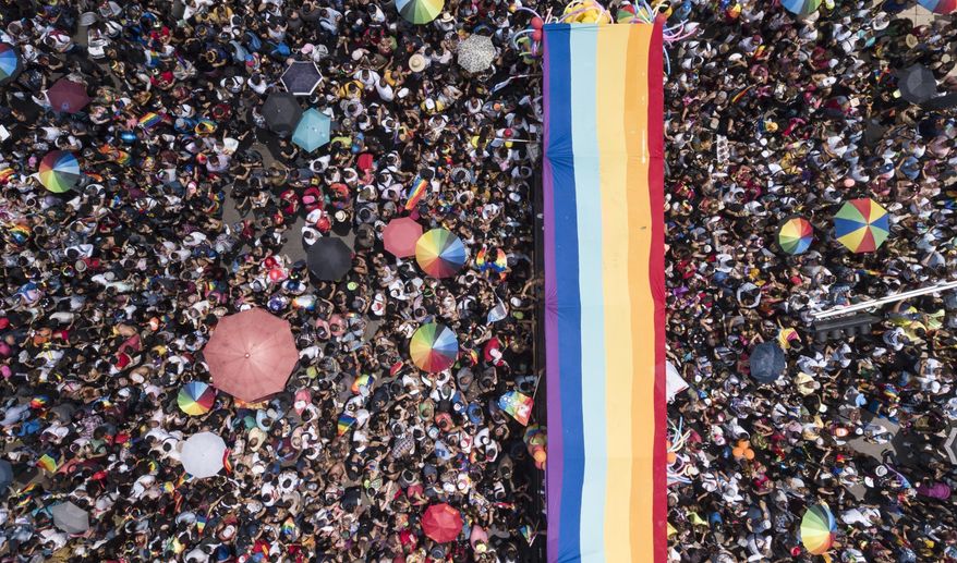 Revelers unfurl a rainbow flag during the gay pride parade in Mexico City, Saturday, Jun. 29, 2019. (AP Photo/Christian Palma)