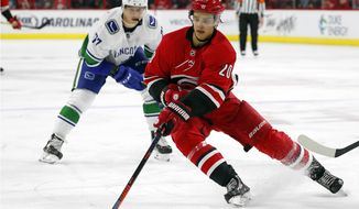FILE - In this Oct. 9, 2018, file photo, Carolina Hurricanes&#39; Sebastian Aho (20) gathers in the puck in front of Vancouver Canucks&#39; Nikolay Goldobin (77) during the second period of an NHL hockey game in Raleigh, N.C. The Montreal Canadiens have tendered an offer sheet to Carolina Hurricanes restricted free agent forward Sebastian Aho.The offer sheet is worth $42.27 million over five years, an annual salary cap hit of $8.54 million. If Carolina does not match it, the Canadiens must send a first-, second- and third-round pick to the Hurricanes. It&#39;s the first offer sheet in the NHL since 2013. (AP Photo/Karl B DeBlaker, File)
