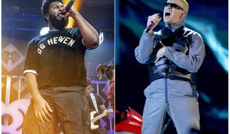 This combination photo shows Khalid performing at Y100&#x27;s Jingle Ball in Sunrise, Fla. on Dec. 16, 2018, left, and Bad Bunny performing at the Billboard Latin Music Awards in Las Vegas on April 25, 2019. Apple Music announced Monday, July 1, 2019, that a tour featuring artists from its playlist, including Khalid and Bad Bunny will perform on the “Up Next Live” tour. (AP Photo)