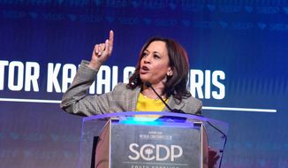 California Sen. Kamala Harris addresses the South Carolina Democratic Party&#x27;s convention on Saturday, June 22, 2019, in Columbia, S.C. (AP Photo/Meg Kinnard) ** FILE **