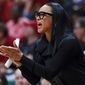 FILE - In this March 22, 2019, file photo, South Carolina head coach Dawn Staley directs her team against Belmont during a first-round women&#39;s college basketball game in the NCAA Tournament in Charlotte, N.C. South Carolina&#39;s top-ranked recruiting class is on campus and the confident youngsters believe they can get the Gamecocks back to contending for championships. (AP Photo/Jason E. Miczek, File)