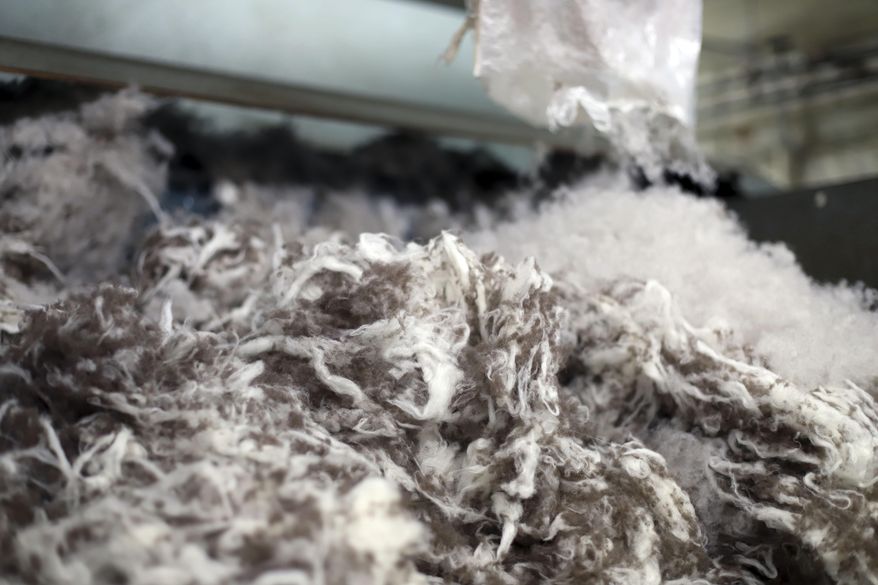 Bison wool is collected into a bin on Wednesday, July 3, 2019, at American Woolen Company Inc., in Stafford Springs, Conn. The recently reopened mill is helping the military bring back old-school Army uniforms by providing the high-quality woolen fabric used in their manufacture. (AP Photo/Chris Ehrmann)