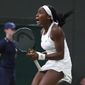 United States&#39; Cori &quot;Coco&quot; Gauff celebrates after beating Slovakia&#39;s Magdalena Rybaikova in a Women&#39;s singles match during day three of the Wimbledon Tennis Championships in London, Wednesday, July 3, 2019. (AP Photo/Alastair Grant) ** FILE **